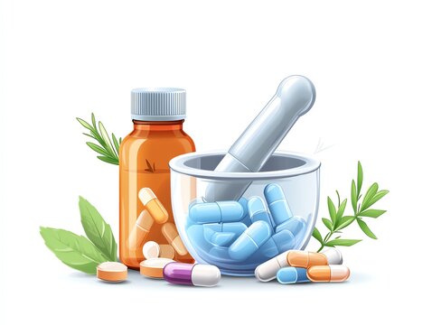 recommend clip art: Pharmacist clipart with medicine bottles and a mortar and pestle