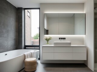 Modern Bathroom with White Vanity, Tub, and Flowers