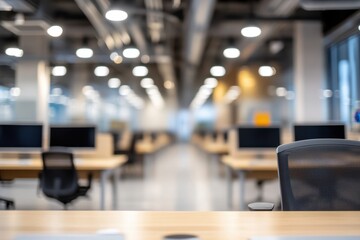 Obraz premium A modern office space featuring empty desks and computers in a bright, open environment.