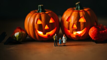 ジャック・オー・ランタンのカボチャとミニチュアフィギュア。ハロウィンの背景｜Jack-o-lantern pumpkins and miniature figures. Halloween background.