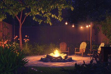 A Serene Backyard Campfire Scene With A Gentle Fire Glow, Surrounded By Lush Greenery And Cozy Blankets Draped Over Outdoor, Generative AI