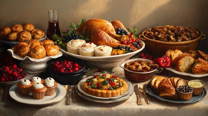 A festive spread featuring a variety of delicious dishes, including turkey, desserts, and fresh fruits, perfect for celebrations.