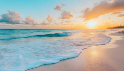 Fototapeta premium Crystal-clear turquoise waters with gentle waves lapping at a pristine beach under a golden sunset