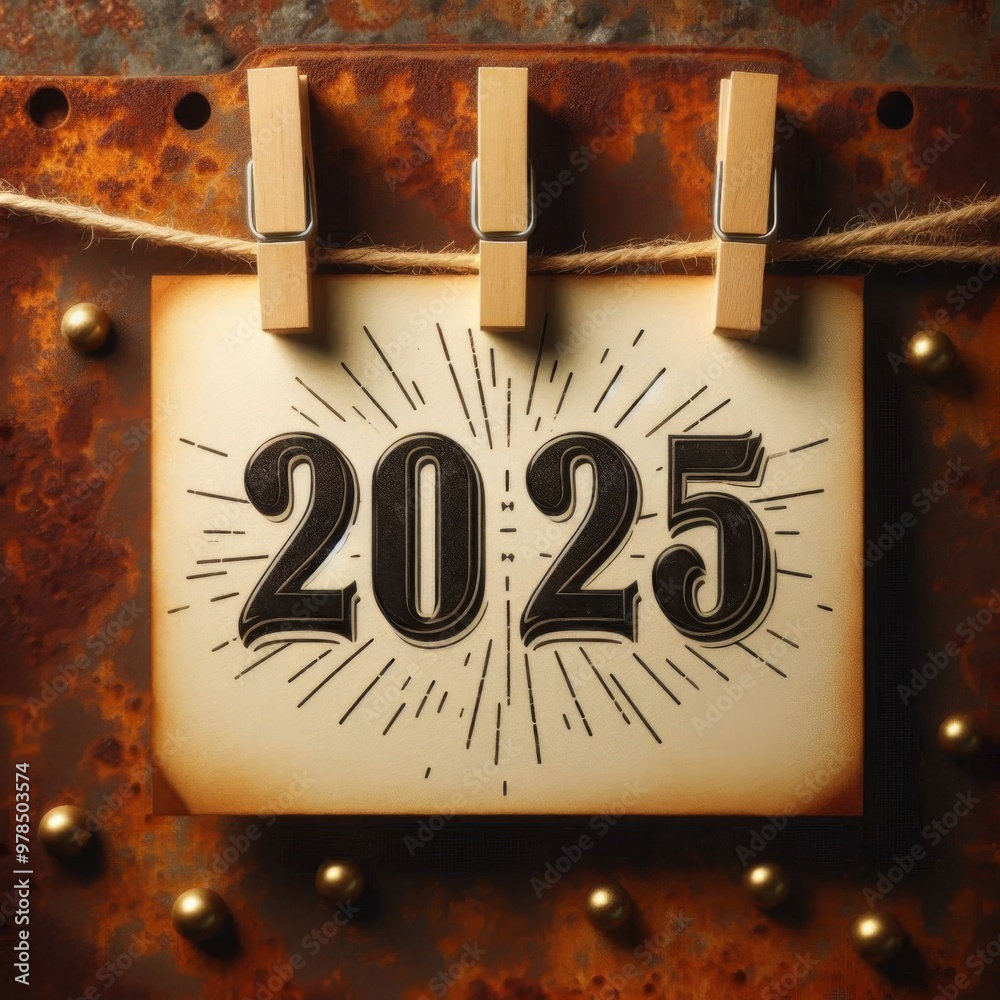 Fototapete 2025 written on cards pinned to a string with a vintage rusty background