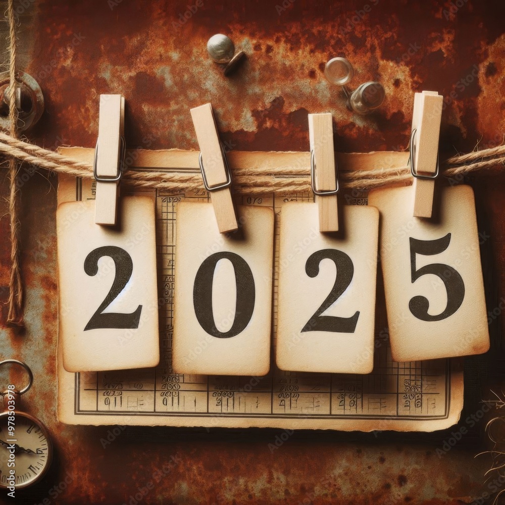 Fototapete 2025 written on cards pinned to a string with a vintage rusty background