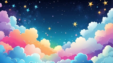 Fototapeta premium multi-colored fluffy clouds colorful background with sparkling gold stars, comic art style