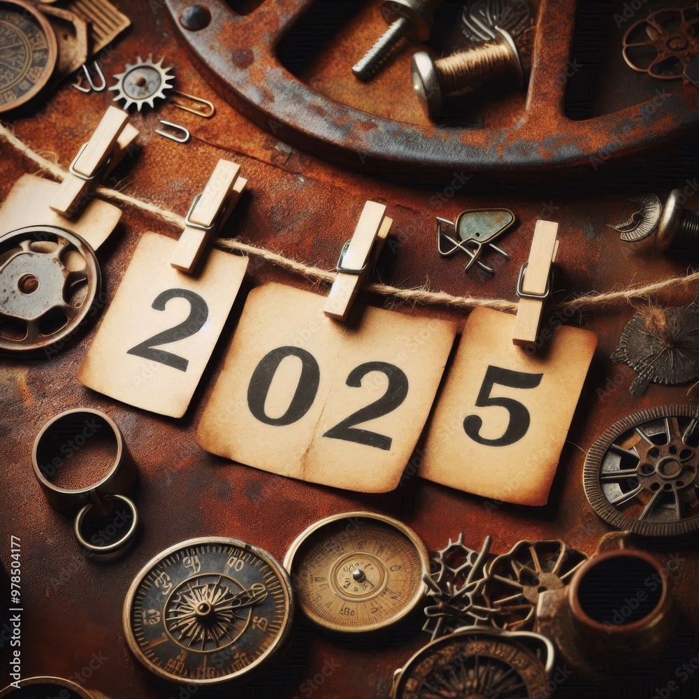 Fototapete 2025 written on cards pinned to a string with a vintage rusty background