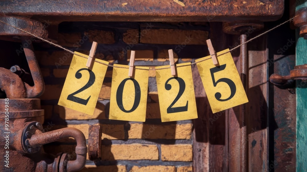 Fototapete 2025 written on cards pinned to a string with a vintage rusty background