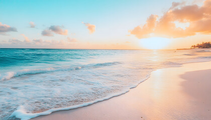 Obraz premium Crystal-clear turquoise waters with gentle waves lapping at a pristine beach under a golden sunset