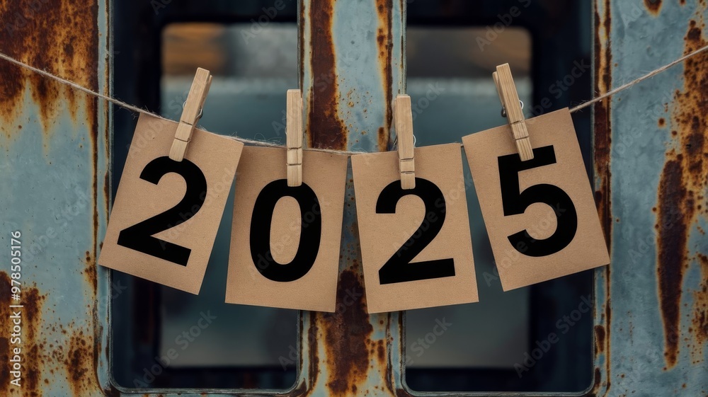 Fototapete 2025 written on cards pinned to a string with a vintage rusty background