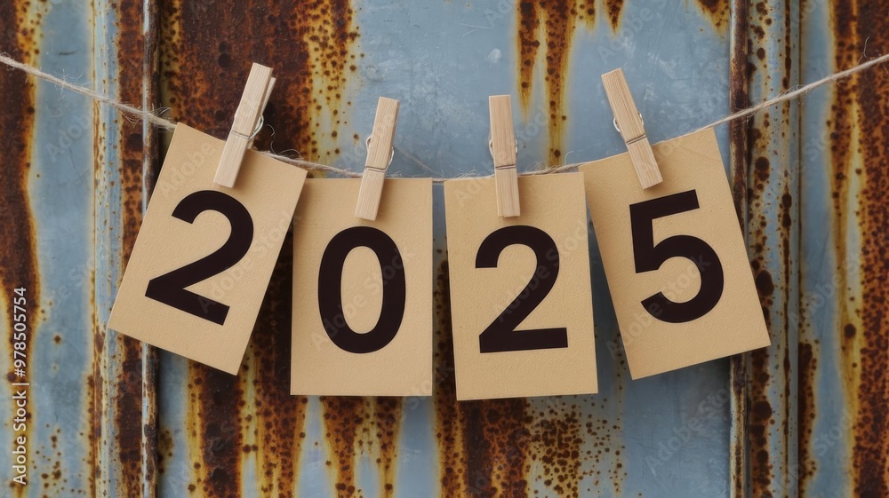 Fototapete 2025 written on cards pinned to a string with a vintage rusty background