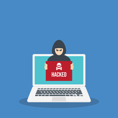 Hacker with hacked note, stealing confidential data, personal information and credit card detail. Hacking concept.