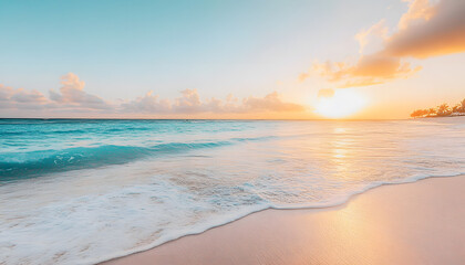 Fototapeta premium Crystal-clear turquoise waters with gentle waves lapping at a pristine beach under a golden sunset