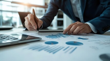 A business professional analyzing graphs and charts while writing notes, showcasing the importance of data-driven decisions.