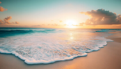 Obraz premium Crystal-clear turquoise waters with gentle waves lapping at a pristine beach under a golden sunset