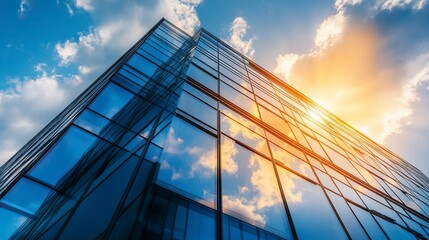 Economics, banking, business and finance concept.A fragment of a modern office building in the capital .glass buildings with cloudy blue sky background .generative ai