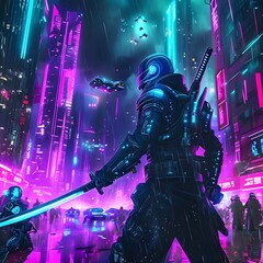 Obraz premium Neon Cityscape Warriors