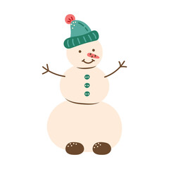 Cheerful snowman in a green hat. Isolated element for design of cards, patterns, banners. Christmas and New Year character. Vector illustration.