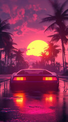 A retro futuristic car parked on wet road, surrounded by palm trees under vibrant sunset. scene evokes sense of nostalgia and adventure