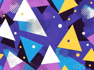 Bold Geometric Abstract Pattern with Vibrant Triangles, Dots, and Shapes in Yellow, Purple, and Blue