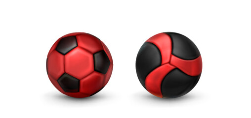 Fototapeta premium 3d soccer ball. Red and black sport icon vector. Realistic stadium game element design set. Football toy shoot in scarlet color and pentagon pattern. Fan league competition sphere trophy graphic