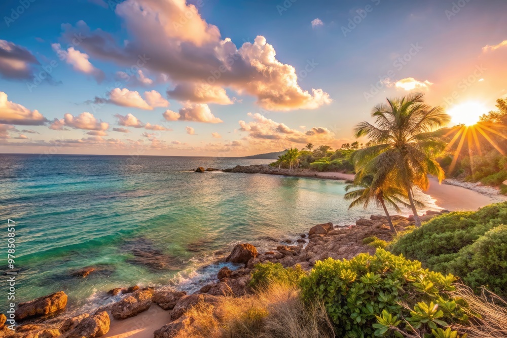 Wall mural Tropical beach at sunset with palm trees and calm waves.