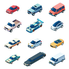 Different Cars Vehicles Isometric Vector Illustration