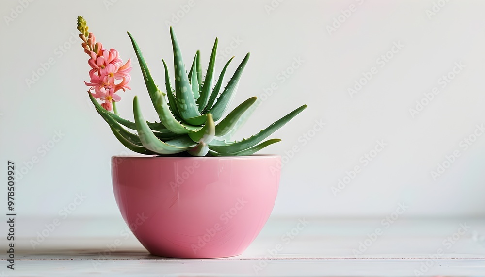 Wall mural vibrant aloe vera plant in a stylish pink pot against a clean white backdrop, ideal for enhancing in