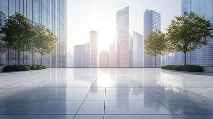 Fototapeta premium Empty square floor with modern city commercial buildings scenery. Panoramic view. generative ai