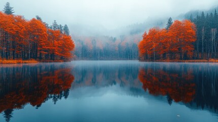 Obraz premium Colorful forest with fog reflecting in the lake in autumn