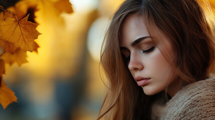 Naklejka premium A woman with long hair gazes downward in contemplation, surrounded by the warm hues of autumn foliage, creating an atmosphere of tranquility and introspection, copy space