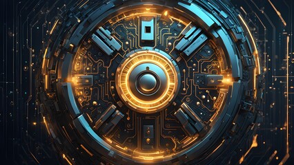 Obraz premium A futuristic, circular, metallic object with glowing orange lights and a intricate design.