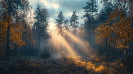 Obraz premium Sun shining through fog and trees in autumn forest