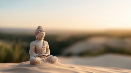 Fototapeta premium Serene Buddha statue against a tranquil sunset, embodying peace and mindfulness in a natural landscape.