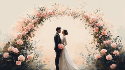 Bride and groom embracing under rose archway watercolor illustration