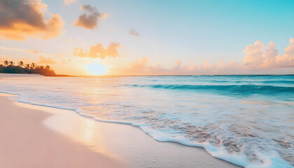 Fototapeta premium Crystal-clear turquoise waters with gentle waves lapping at a pristine beach under a golden sunset