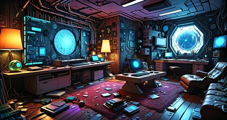 messy living room in futuristic sci fi house home in the woodland forest. abandoned room interior with computer technology and monitor displays in forest cabin.