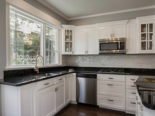 Fototapeta premium Modern White Kitchen with Black Countertops and Stainless Steel Appliances