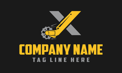 letter X excavator arm with saw logo design .