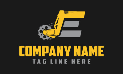letter E excavator arm with saw logo design .