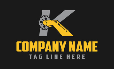 letter K excavator arm with saw logo design .