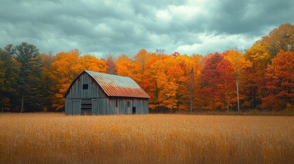 Obraz premium Old barn standing in a field surrounded by autumn colors