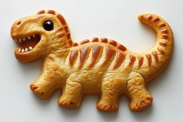 Fototapeta premium Smiling dinosaur cookie resting on white background