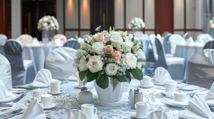 Fototapeta premium Elegant corporate event venue with refined table settings and ambient lighting for sophistication