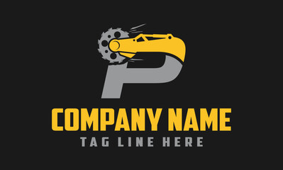 letter P excavator arm with saw logo design .