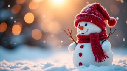 A snowman in a red hat and scarf stands in the snow with glowing bokeh lights in the background during sunset