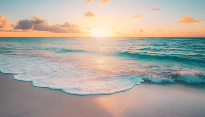Fototapeta premium Crystal-clear turquoise waters with gentle waves lapping at a pristine beach under a golden sunset