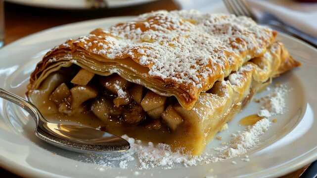 Delightful apple strudel served warm with powdered sugar at a cozy caf&eacute; during brunch hours