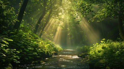 Obraz premium Sunbeams Illuminating a Tranquil Forest Stream