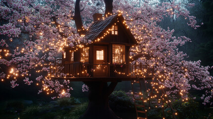 Magical treehouse illuminated by fairy lights in blooming tree